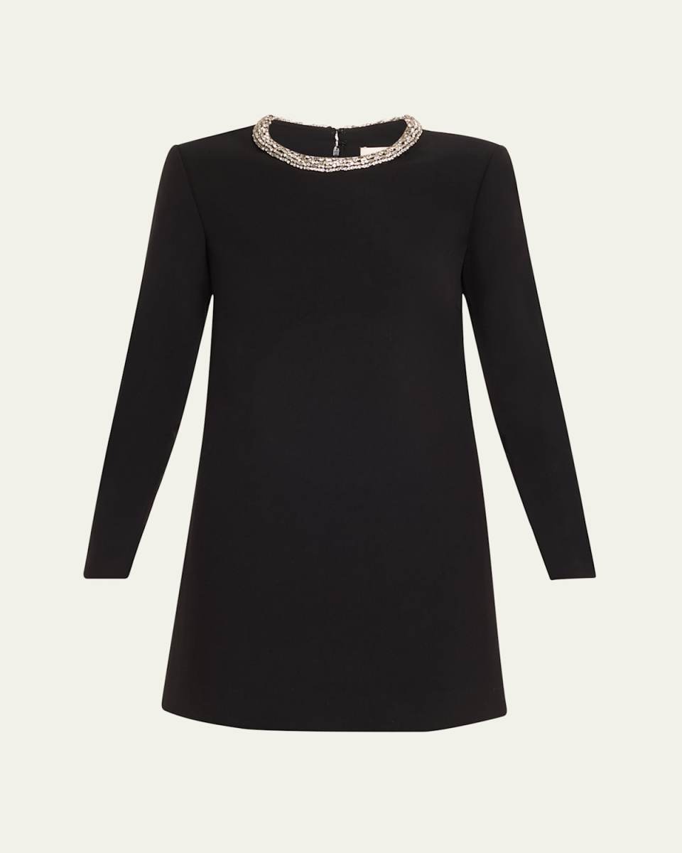 Embellished Long Sleeve Crepe Mini Dress
